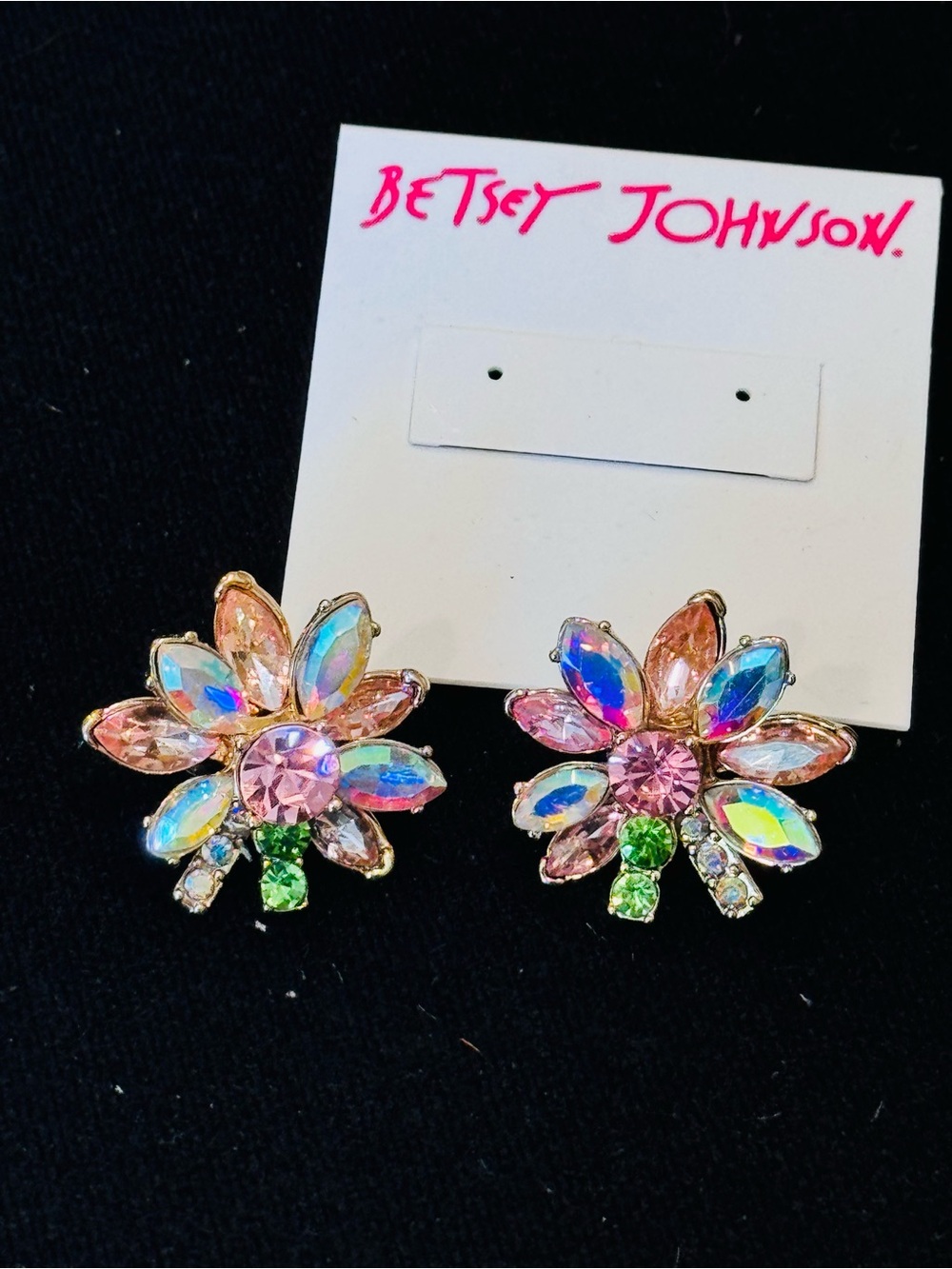 NWT Betsey Johnson Floral Rhinestone Crystal Statement Stud Earrings
